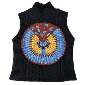 UBU ART-WEAR Colorful Mandala Motif Quilted Puff Silk  Black Vest 41” bust